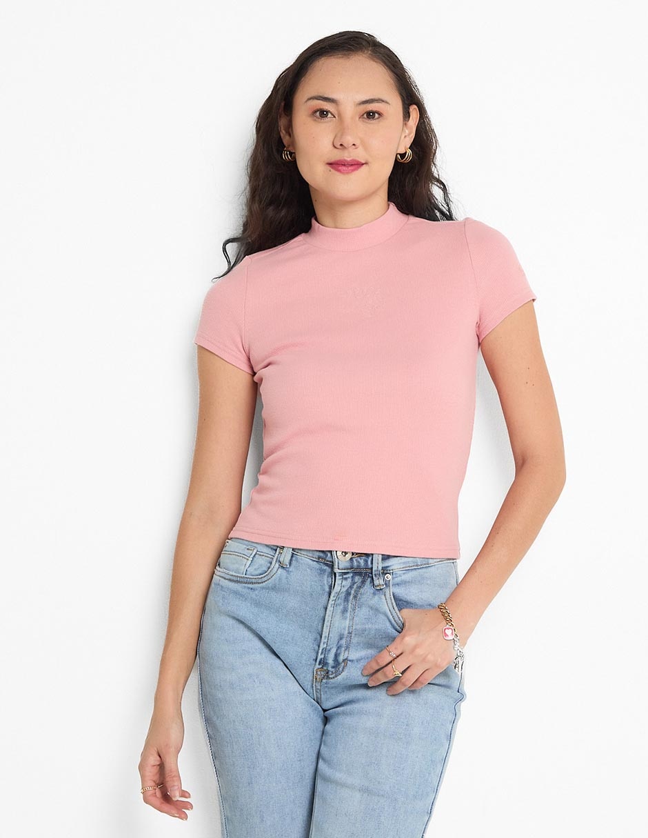 Playera manga corta cuello alto para mujer