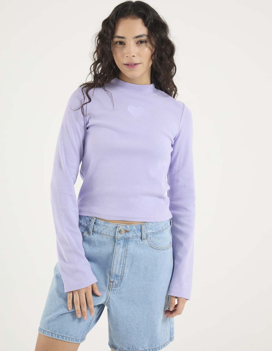 Playera manga larga cuello simulado para mujer