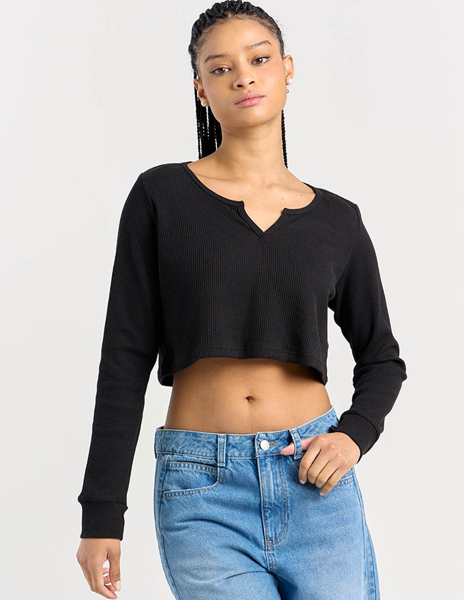 Playera manga larga cuello V para mujer